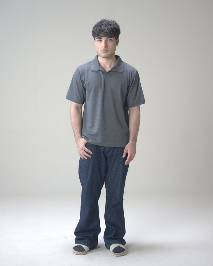 Gray Waffle Knit V-Neck Polo Shirt