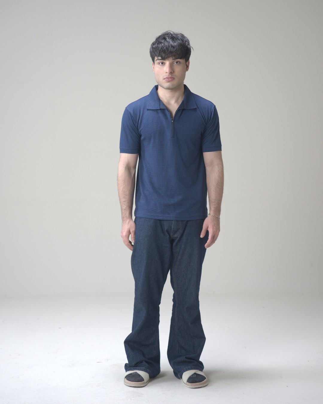 Navy Blue Textured Waffle Quarter-Zip Polo