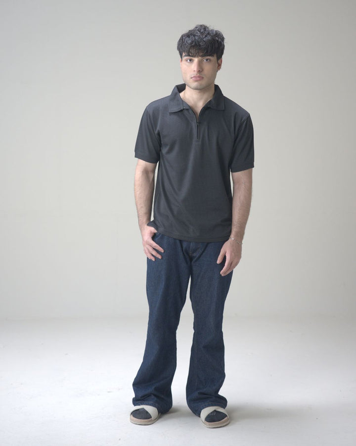 Black Waffle Knit Quarter-Zip Polo Shirt