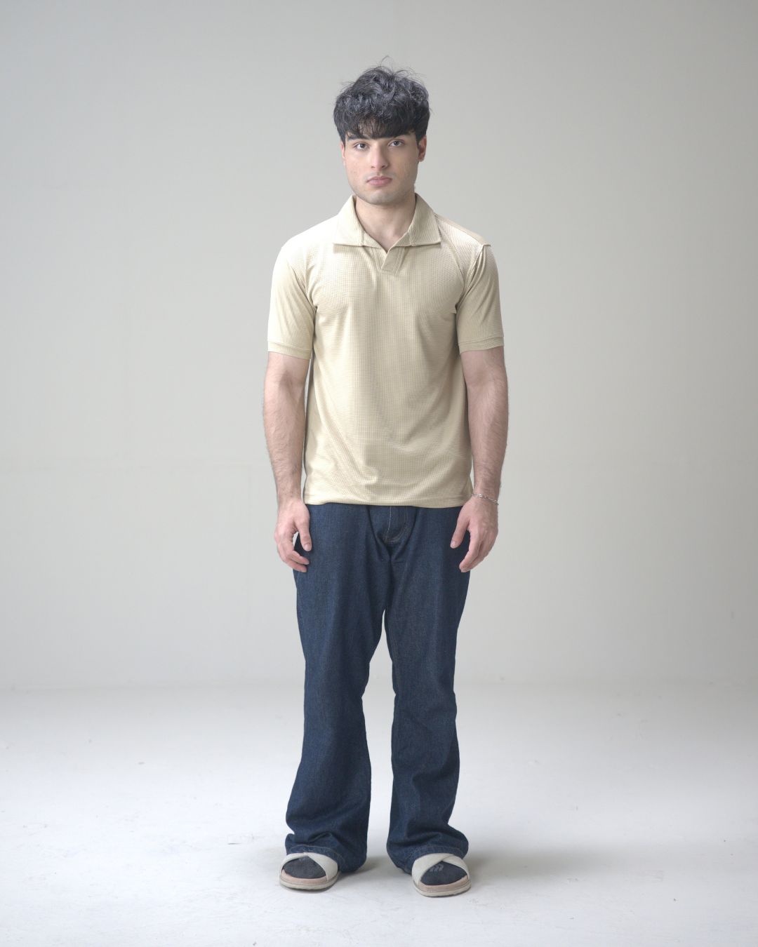 Skin Beige Waffle Knit V-Neck Polo Shirt