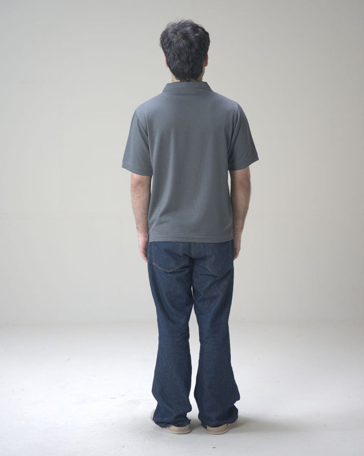 Gray Waffle Knit V-Neck Polo Shirt