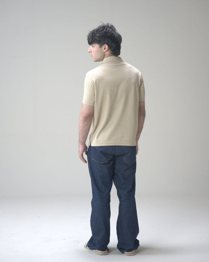 Skin Beige Waffle Knit V-Neck Polo Shirt