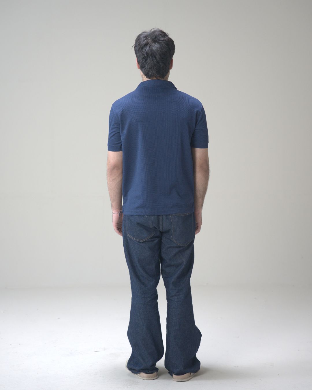 Navy Blue Textured Waffle Quarter-Zip Polo