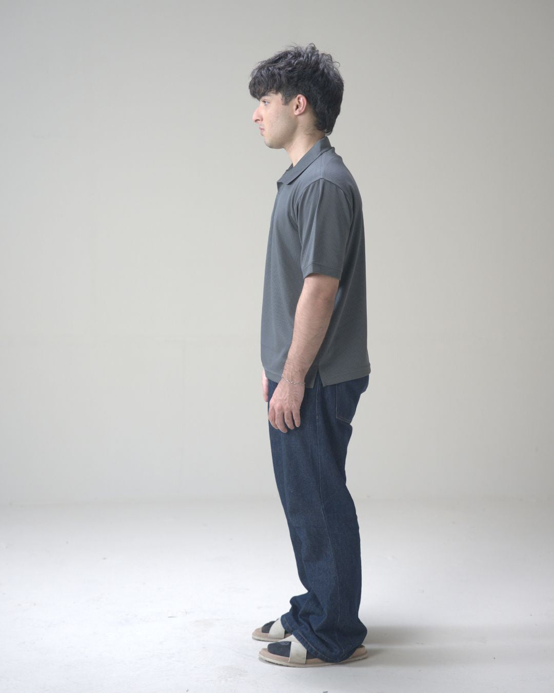 Gray Waffle Knit V-Neck Polo Shirt