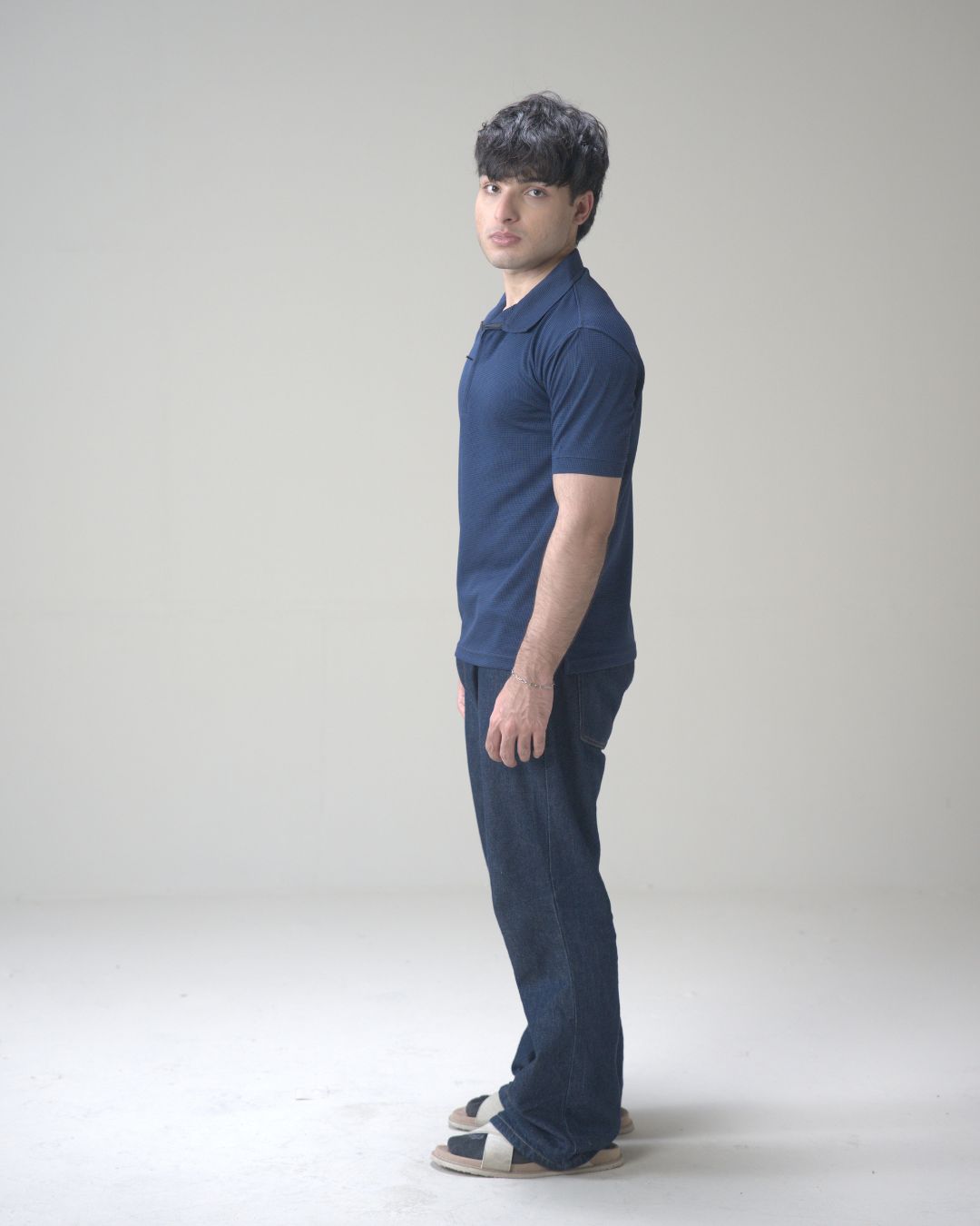 Navy Blue Textured Waffle Quarter-Zip Polo