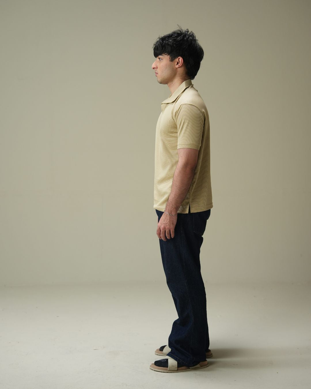 Skin Beige Waffle Knit V-Neck Polo Shirt
