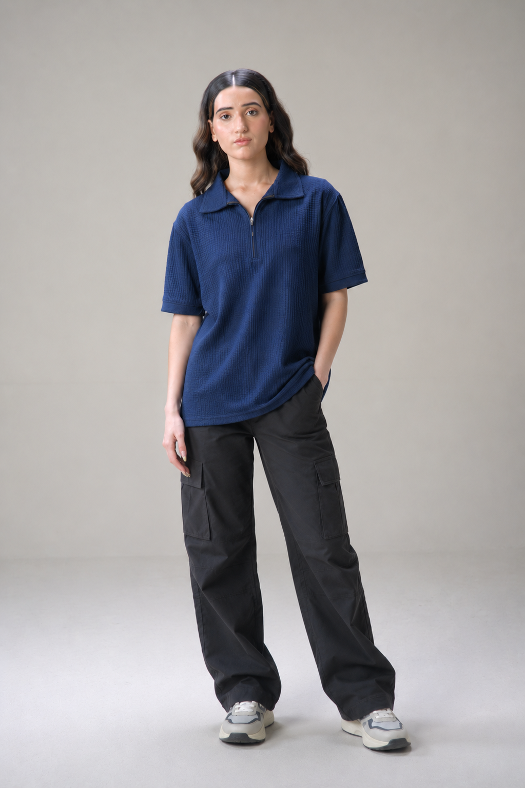 Navy Blue Textured Waffle Quarter-Zip Polo