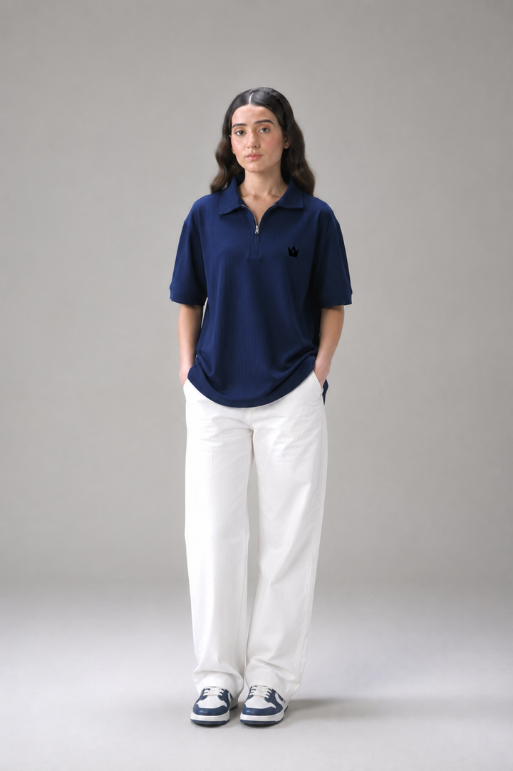 Classic Navy Blue Drop Needle V-Neck Polo