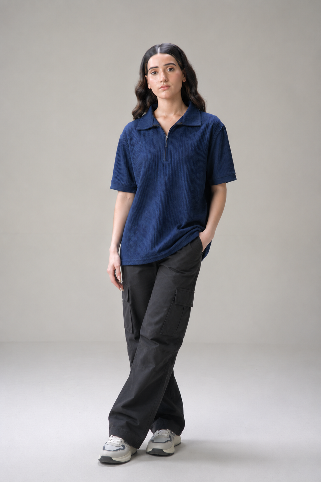 Navy Blue Textured Waffle Quarter-Zip Polo