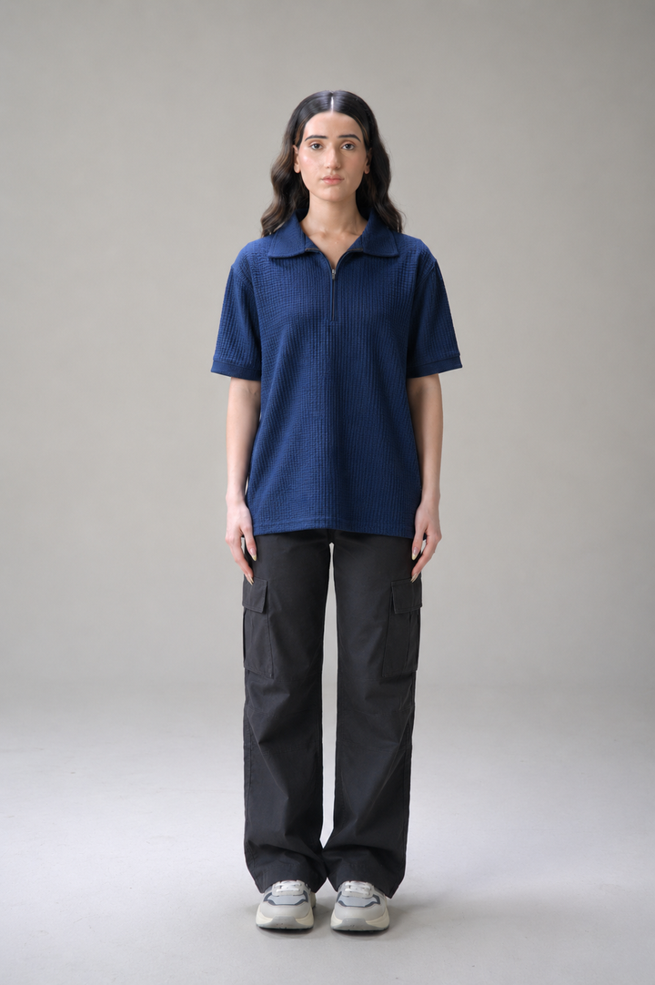 Navy Blue Textured Waffle Quarter-Zip Polo