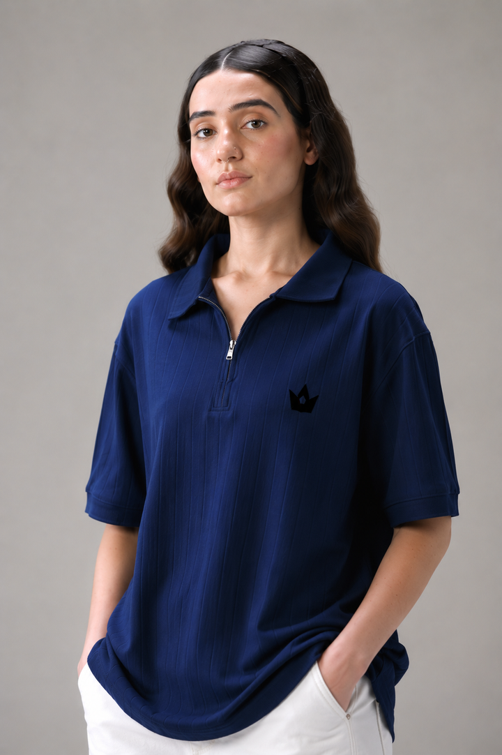 Classic Navy Blue Drop Needle V-Neck Polo