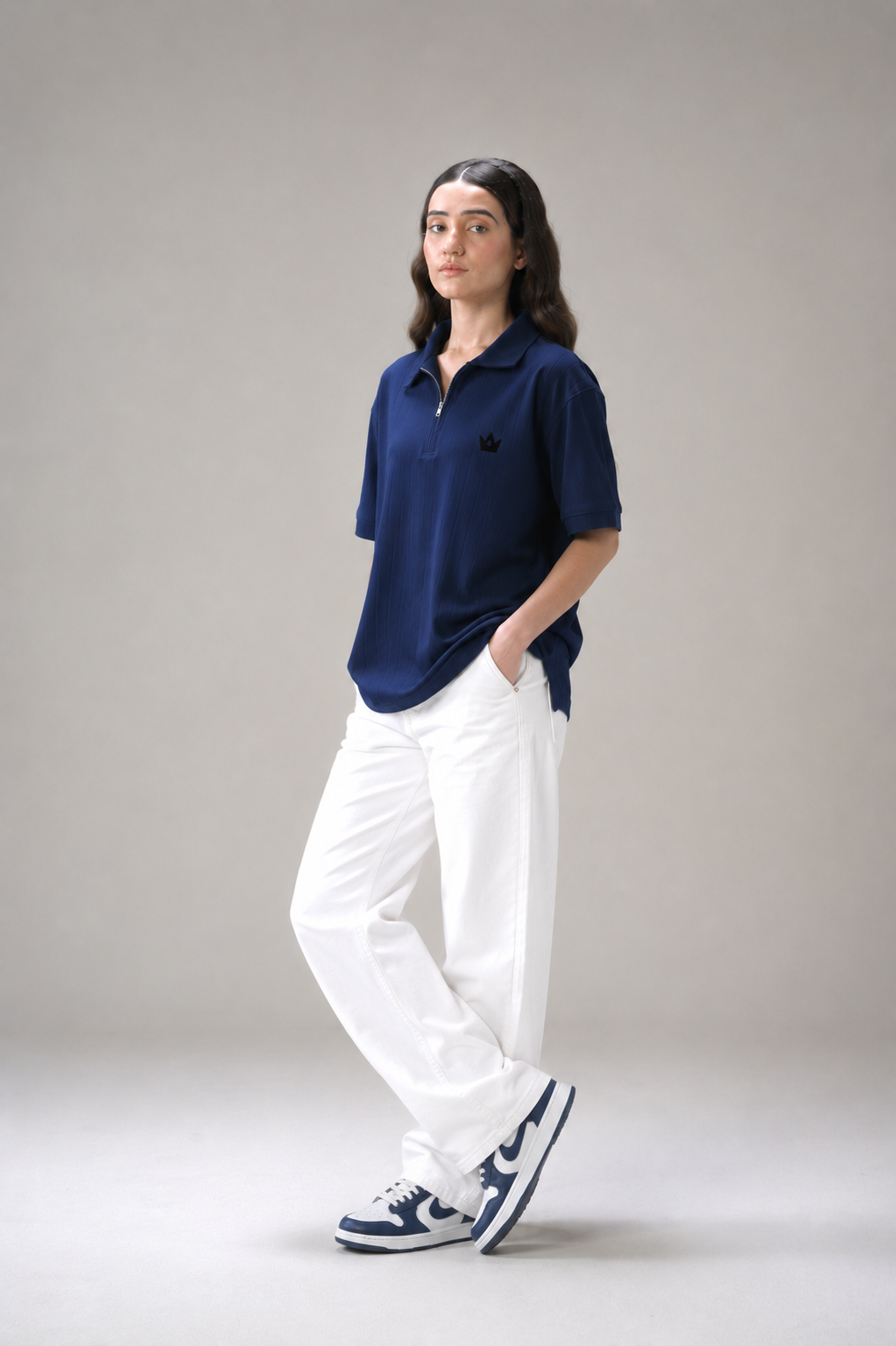 Classic Navy Blue Drop Needle V-Neck Polo