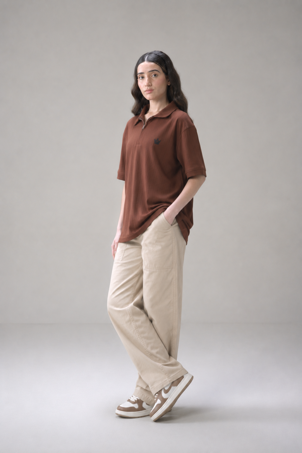 Dark Brown Drop Needle Zip Polo Shirt