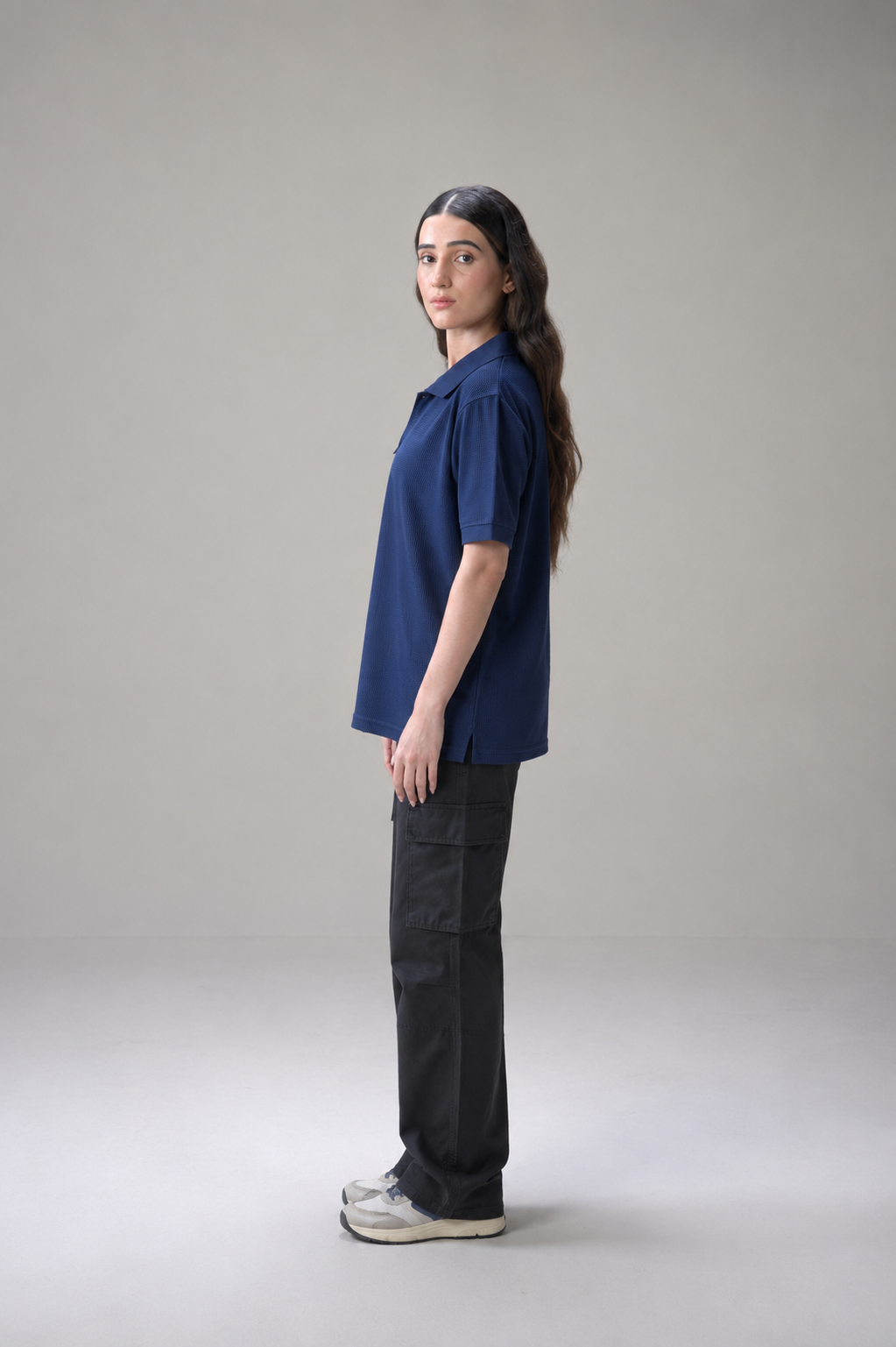 Navy Blue Textured Waffle Quarter-Zip Polo