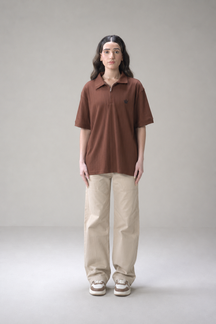 Dark Brown Drop Needle Zip Polo Shirt
