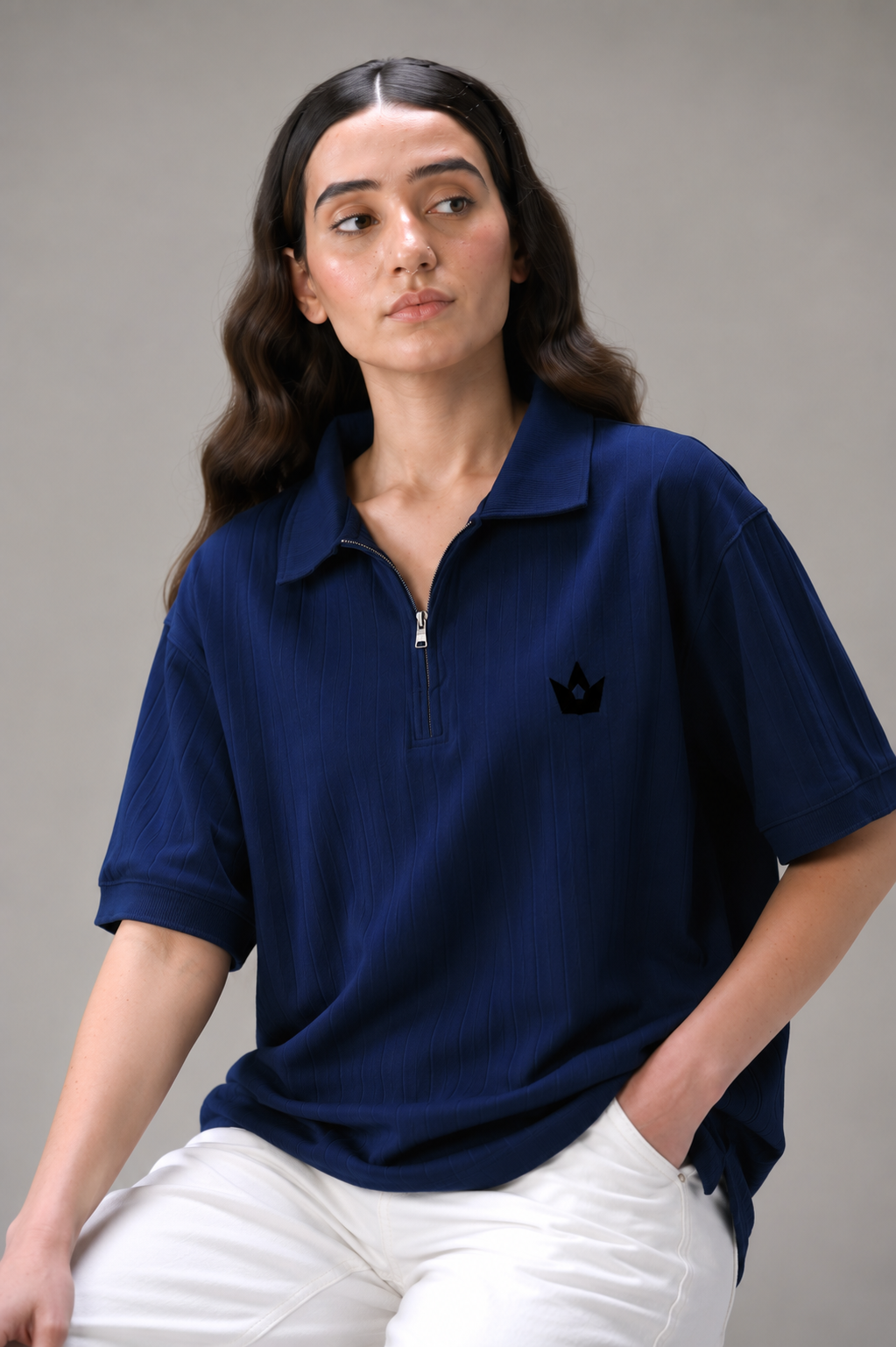 Classic Navy Blue Drop Needle V-Neck Polo