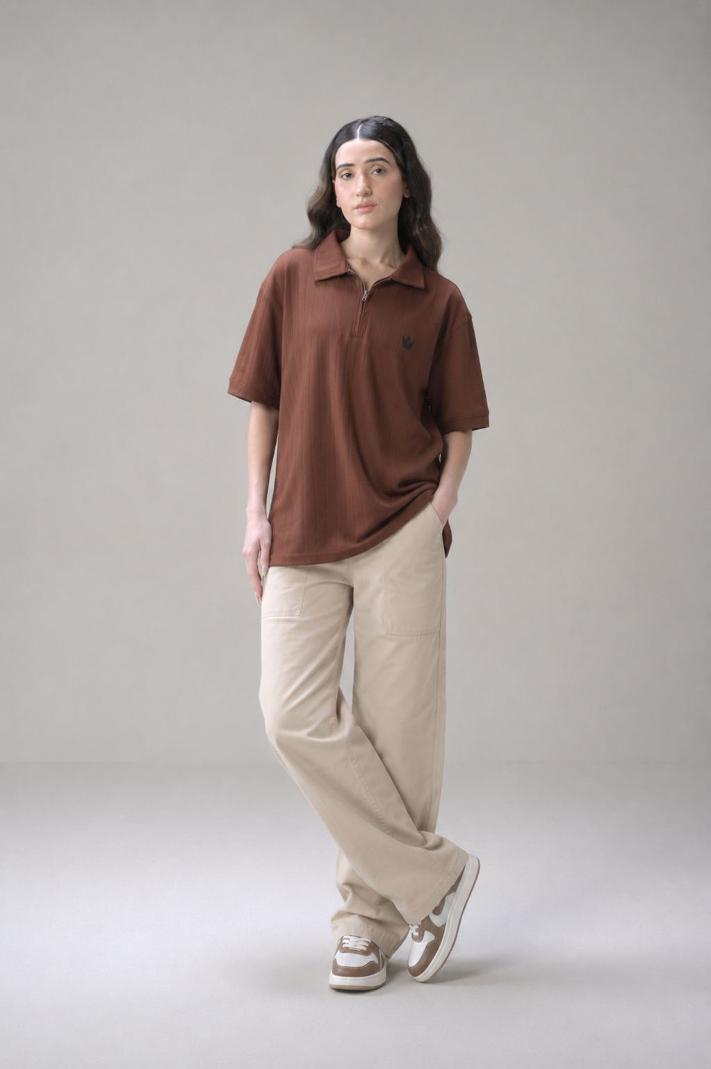 Dark Brown Drop Needle Zip Polo Shirt
